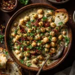 Marry Me Chickpeas: The Ultimate Creamy & Delicious Recipe A close-up overhead view of the creamy sun-dried tomato sauce with chickpeas and wilted spinach in a skillet.