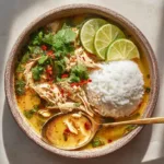An overhead shot of the creamy coconut chicken and rice in a rustic stoneware bowl, garnished with fresh cilantro.