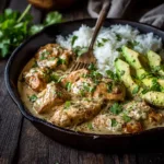 A rustic bowl filled with creamy coconut milk chicken, showcasing the rich texture of the sauce and tender pieces of chicken, ready to be served.
