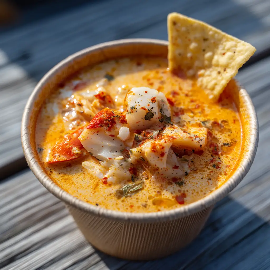 An overhead close-up shot of the rich and creamy crab stew in a bowl, showing chunks of lump crab meat and specks of seasoning.