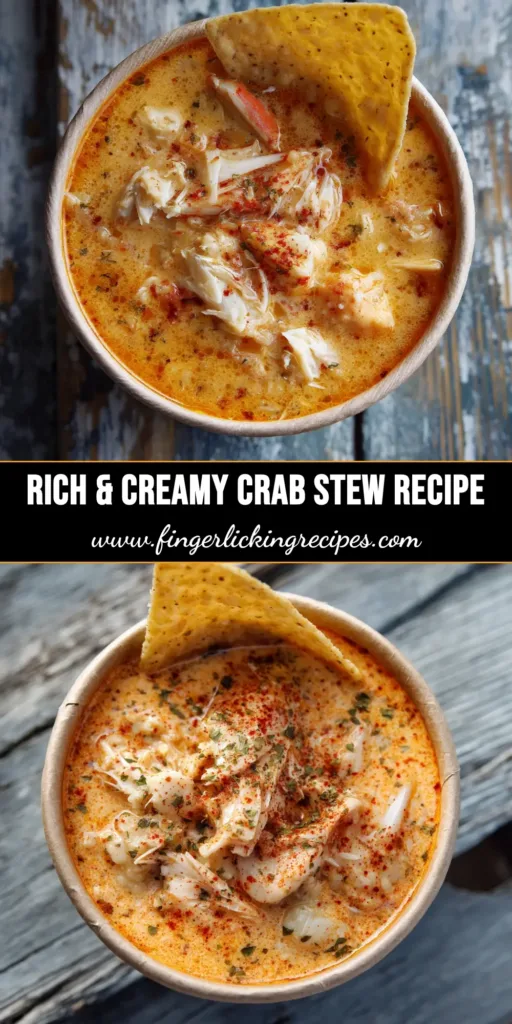 A large white bowl filled with a creamy Crab Stew Recipe, garnished with fresh parsley and served with crusty bread on the side.