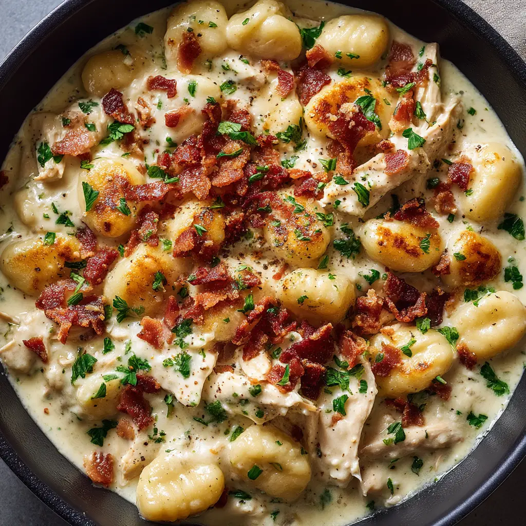 A close-up action shot of a spoon lifting cheesy Crack Chicken Gnocchi from the skillet, showing the melted cheese pull.