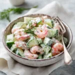A close-up macro shot of the creamy cucumber shrimp salad, showing the texture of the shrimp and fresh dill.