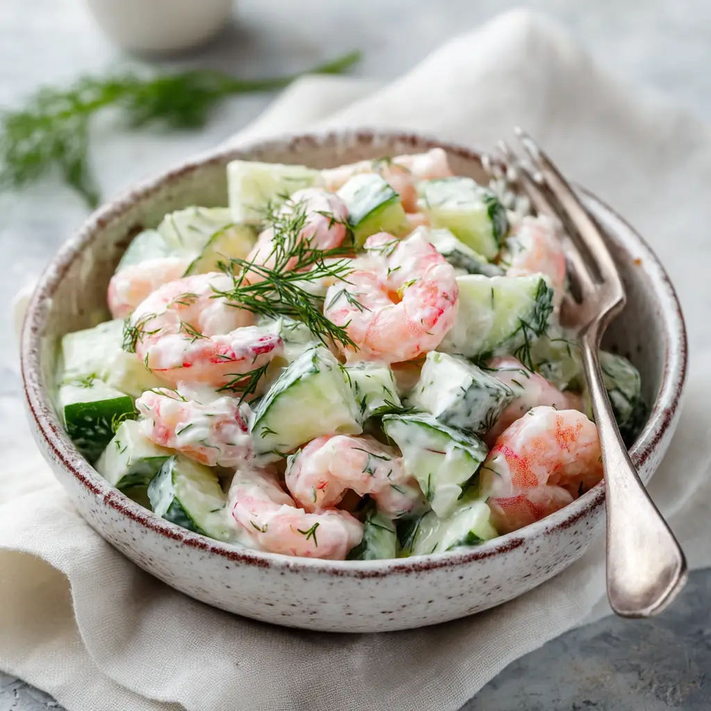 A close-up macro shot of the creamy cucumber shrimp salad, showing the texture of the shrimp and fresh dill.