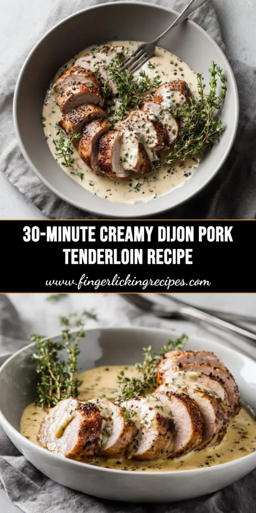 An overhead shot of Creamy Dijon Pork Tenderloin in a skillet, garnished with fresh parsley. The pork is sliced and covered in a rich, creamy sauce.