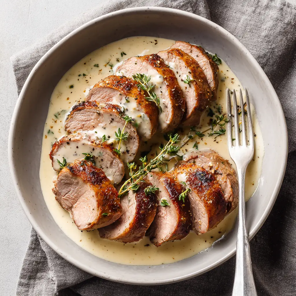 A plate of creamy dijon pork tenderloin served with fluffy mashed potatoes and garnished with fresh herbs, ready to eat.