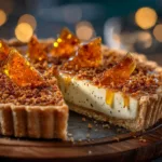 An extreme close-up of a slice of creamy eggnog tart, showcasing the silky smooth texture of the spiced pastry cream filling.