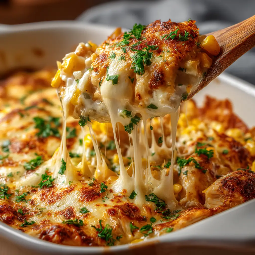 A spoonful of the creamy chicken and corn filling being lifted from the casserole dish, highlighting the texture.