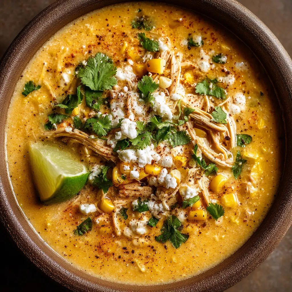An overhead shot of a rustic bowl filled with creamy elote soup, showcasing the corn kernels and creamy texture.