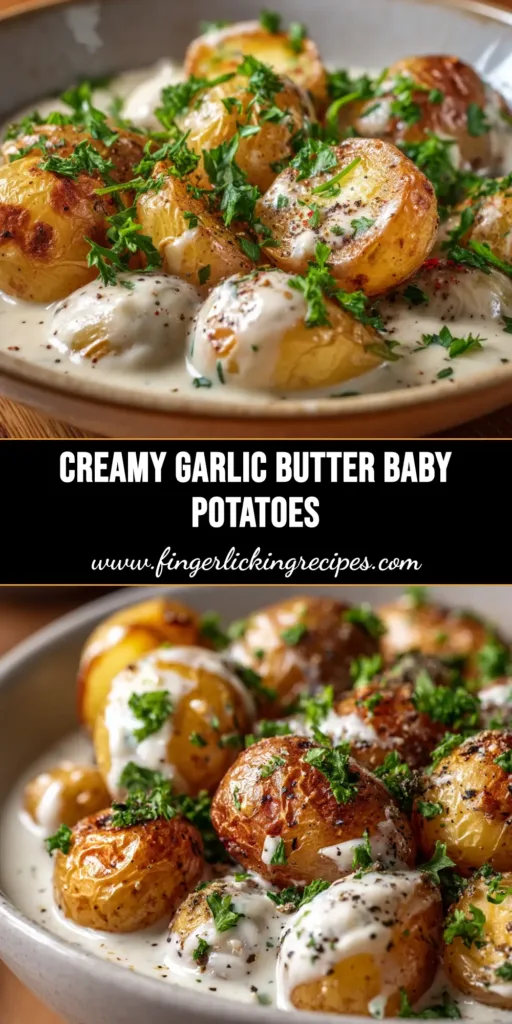 A top-down view of creamy garlic baby potatoes in a rustic black skillet, garnished with fresh parsley.