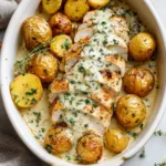 A close-up overhead view of a pan-seared chicken breast being coated in a luscious garlic herb cream sauce.