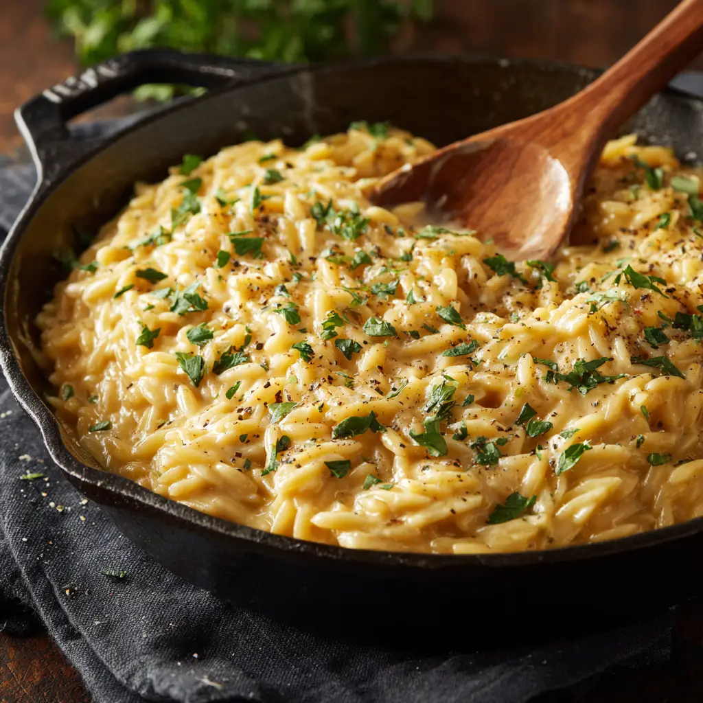 Creamy Garlic Parmesan Orzo: Your New Favorite One-Pan Dinner 2 A spoonful of creamy garlic parmesan orzo being lifted from a pan, showing off its cheesy, delicious consistency.