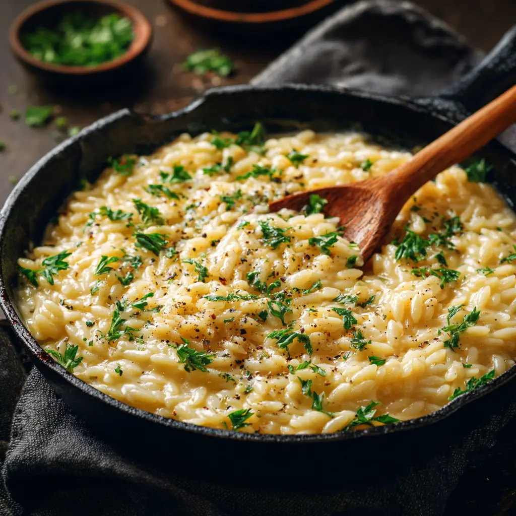 Creamy Garlic Parmesan Orzo: Your New Favorite One-Pan Dinner 3 A close-up macro shot of creamy parmesan orzo in a rustic bowl, showcasing the rich and smooth texture of the sauce.