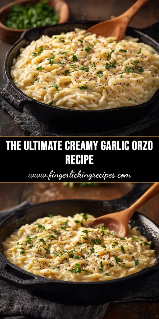 Creamy Garlic Parmesan Orzo: Your New Favorite One-Pan Dinner 4 A stunning overhead shot of Creamy Garlic Parmesan Orzo in a rustic pan, garnished with fresh parsley. The perfect one-pan dinner idea for Pinterest.