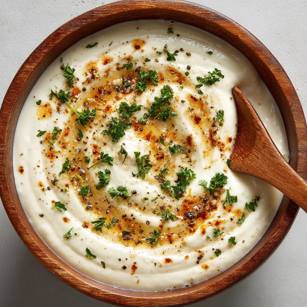 Garlic Sauce for Pizza: The Only Recipe You'll Ever Need 2 A spoonful of creamy garlic sauce being drizzled, highlighting its perfect consistency for spreading on a pizza base.