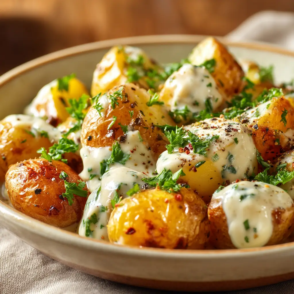 A close-up shot of several creamy garlic baby potatoes being tossed in the rich, velvety cream sauce in a skillet.