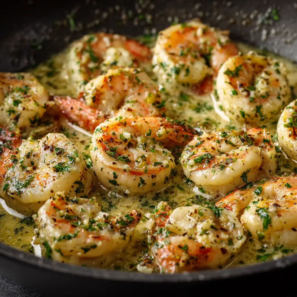 Creamy Garlic Shrimp (Ready in 20 Minutes!) 3 An extreme close-up shot of a single piece of shrimp coated in a rich, creamy garlic sauce, highlighting the texture and fresh parsley garnish.