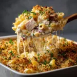 A close-up spoonful of creamy ham and swiss chicken bake, showing the layers of chicken, ham, cheese, and creamy Dijon sauce.