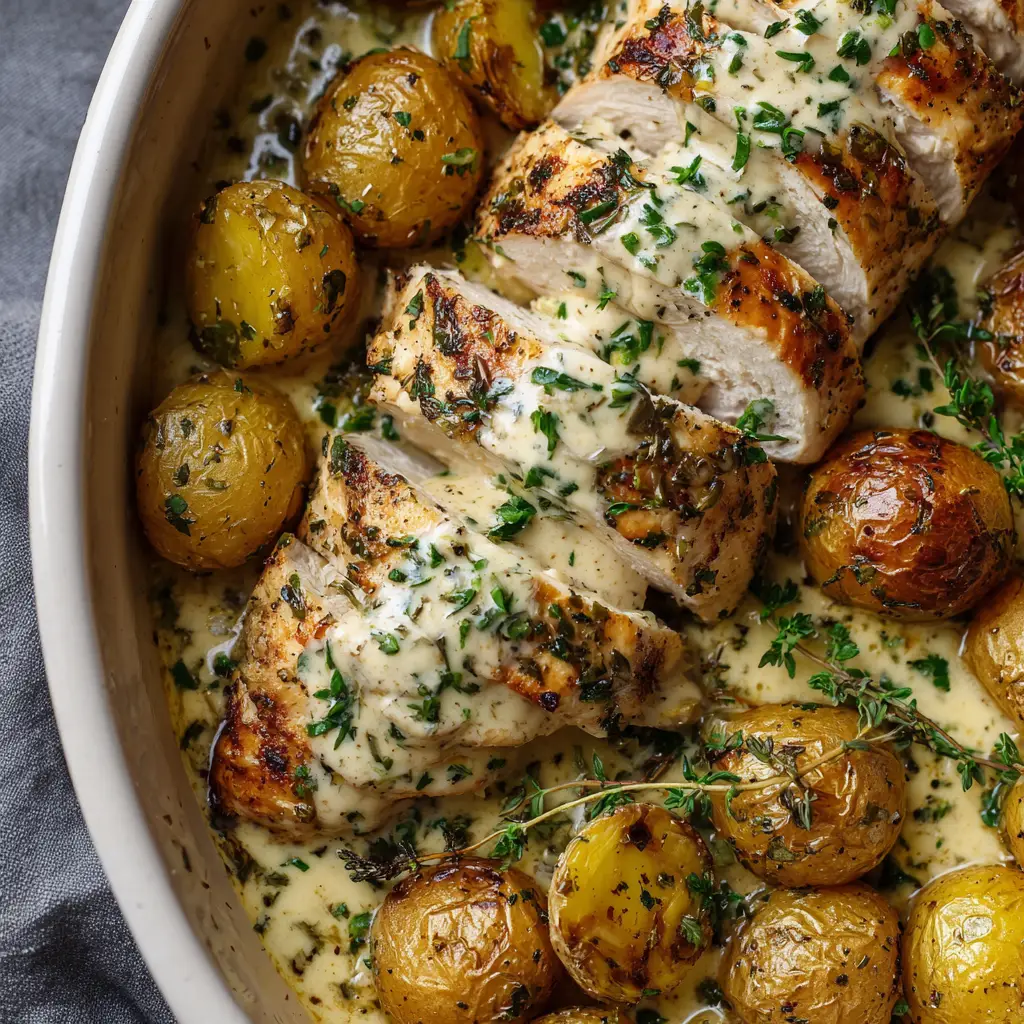 A beautiful plate of Creamy Herb Chicken served over pasta, garnished with fresh parsley.