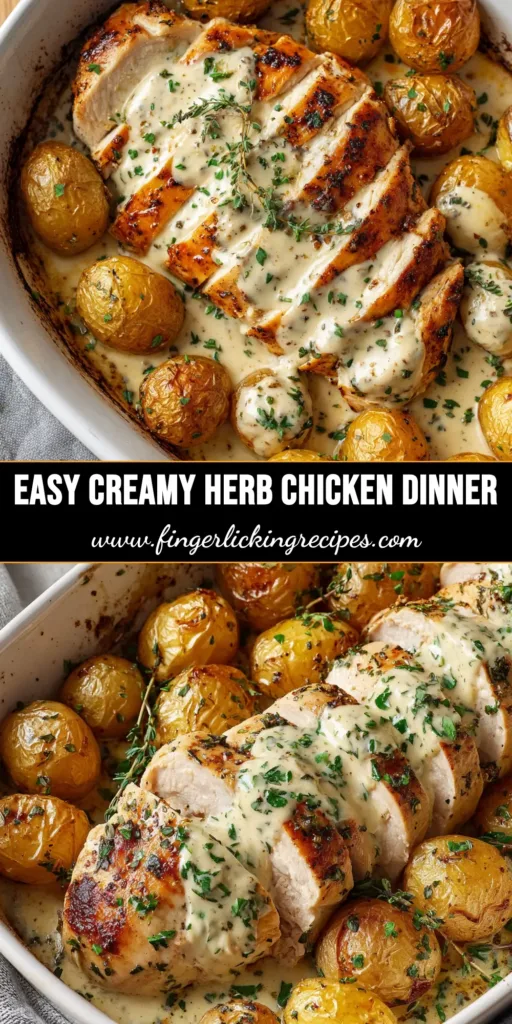 A skillet of creamy herb chicken with a golden-brown sear, smothered in a rich cream sauce with fresh herbs. A spoon rests in the skillet.