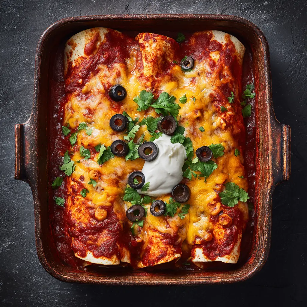 A single serving of a high protein chicken enchilada on a plate, showing the creamy chicken and bean filling inside.