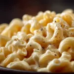 An extreme macro shot of the creamy cheese sauce coating elbow macaroni in a white cheddar mac and cheese dish.