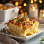 A generous scoop of homemade baked mac and cheese on a white plate, highlighting the creamy texture of the cheese sauce.