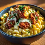 A spoonful of creamy chicken mac and cheese being lifted from a bowl, showing a delicious cheese pull.