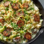 An extreme close-up overhead shot of creamy sausage and cabbage, highlighting the texture of the low-carb alfredo sauce.