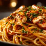 An extreme close-up shot of cheesy Monterey Chicken Spaghetti on a fork, highlighting the creamy sauce and tender pieces of chicken.