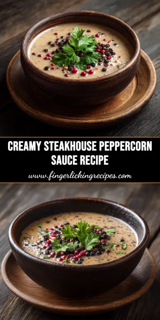 Peppercorn Sauce Recipe (Better Than Any Steakhouse) 4 A close-up shot of a rich and creamy peppercorn sauce recipe being poured over a perfectly cooked sliced steak, with a sprig of rosemary for garnish.