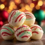 A close-up shot of creamy white peppermint balls being mixed in a bowl before being rolled.