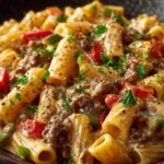 An extreme close-up shot of the creamy Philly Cheesesteak Pasta, highlighting the texture of the sauce and the tender slices of beef.