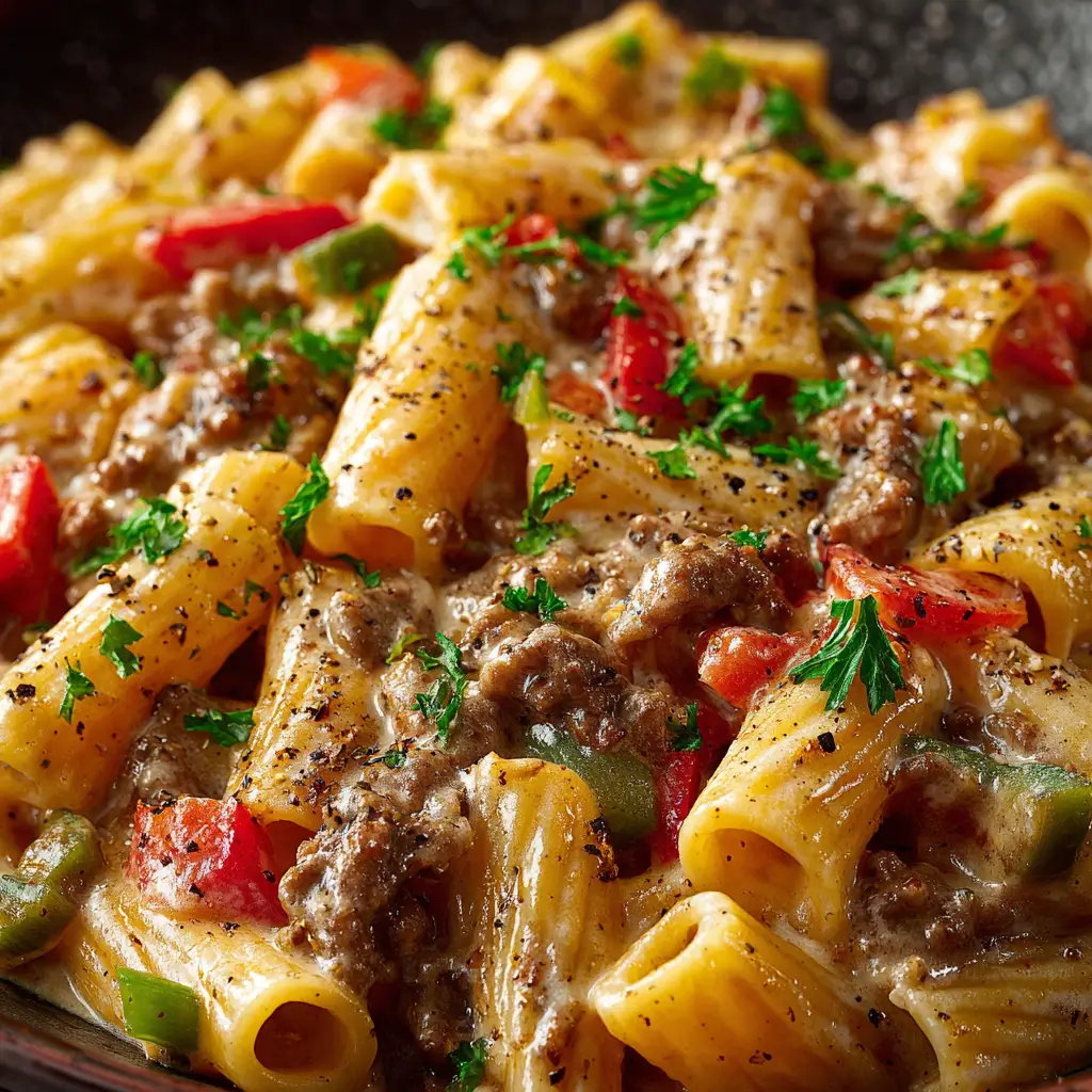 Philly Cheesesteak Pasta: The Creamiest, Easiest Recipe 3 An extreme close-up shot of the creamy Philly Cheesesteak Pasta, highlighting the texture of the sauce and the tender slices of beef.