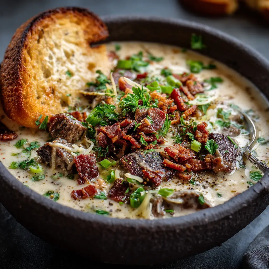A spoonful of creamy Philly cheesesteak soup being lifted from a bowl, showcasing the velvety broth and ingredients.