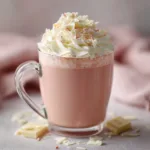 A close-up shot of pastel pink hot chocolate being poured into a white mug, highlighting its smooth and creamy texture.