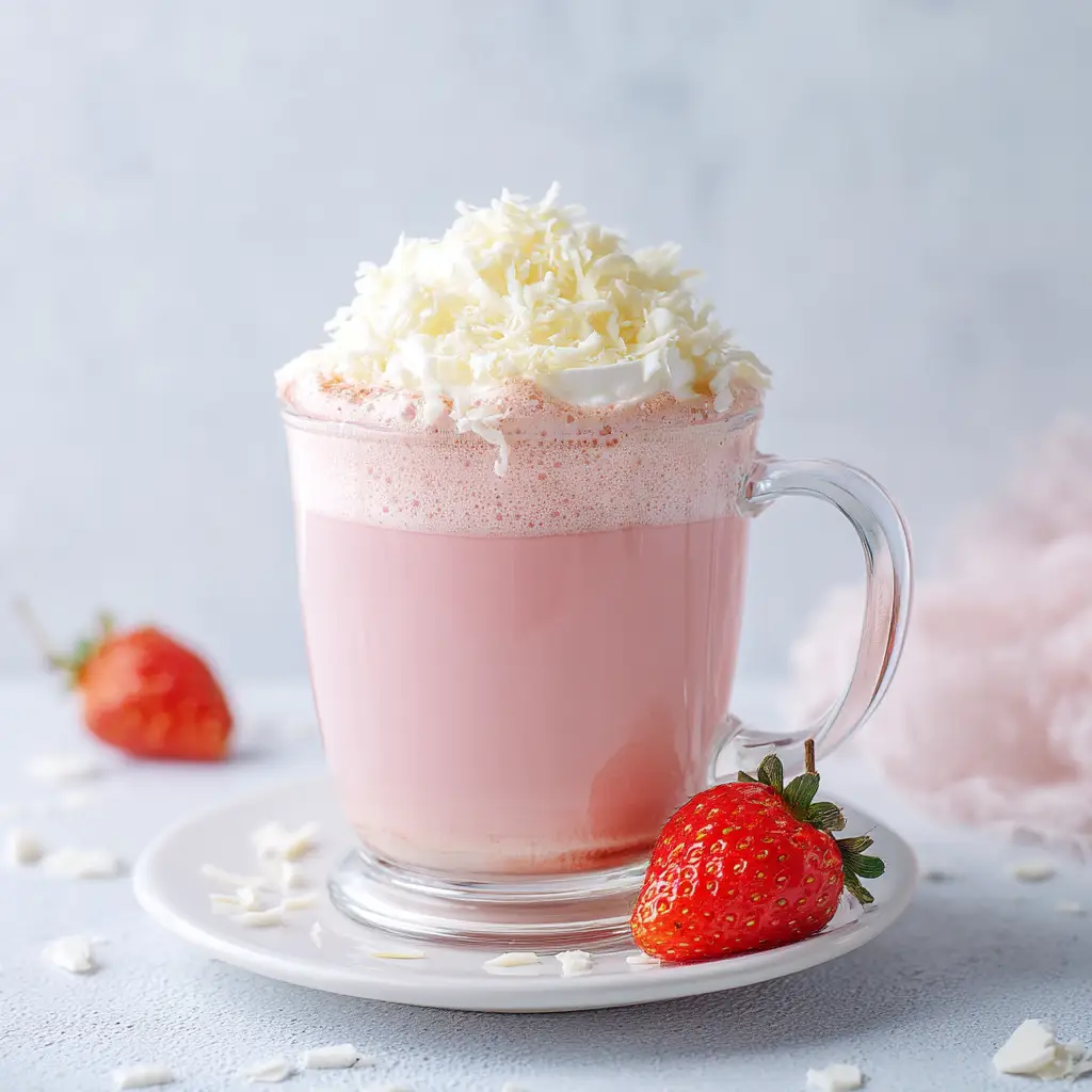 A close-up shot of the rich and creamy texture of the strawberry hot chocolate being poured into a mug.