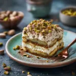 A perfect square slice of creamy pistachio tiramisu on a white plate. The distinct layers of ladyfingers and pistachio cream are clearly visible, with a dusting of cocoa on top.