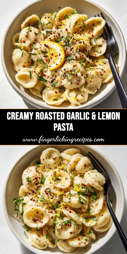 A top-down view of a white bowl filled with Creamy Roast Garlic and Lemon Pasta, garnished with fresh parsley and grated Parmesan cheese.