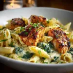Creamy Salmon Spinach Pasta: A 30-Minute Dinner Dream A close-up shot of a fork twirling fettuccine from a bowl of creamy salmon pasta with spinach. The rich, parmesan cream sauce coats every noodle.