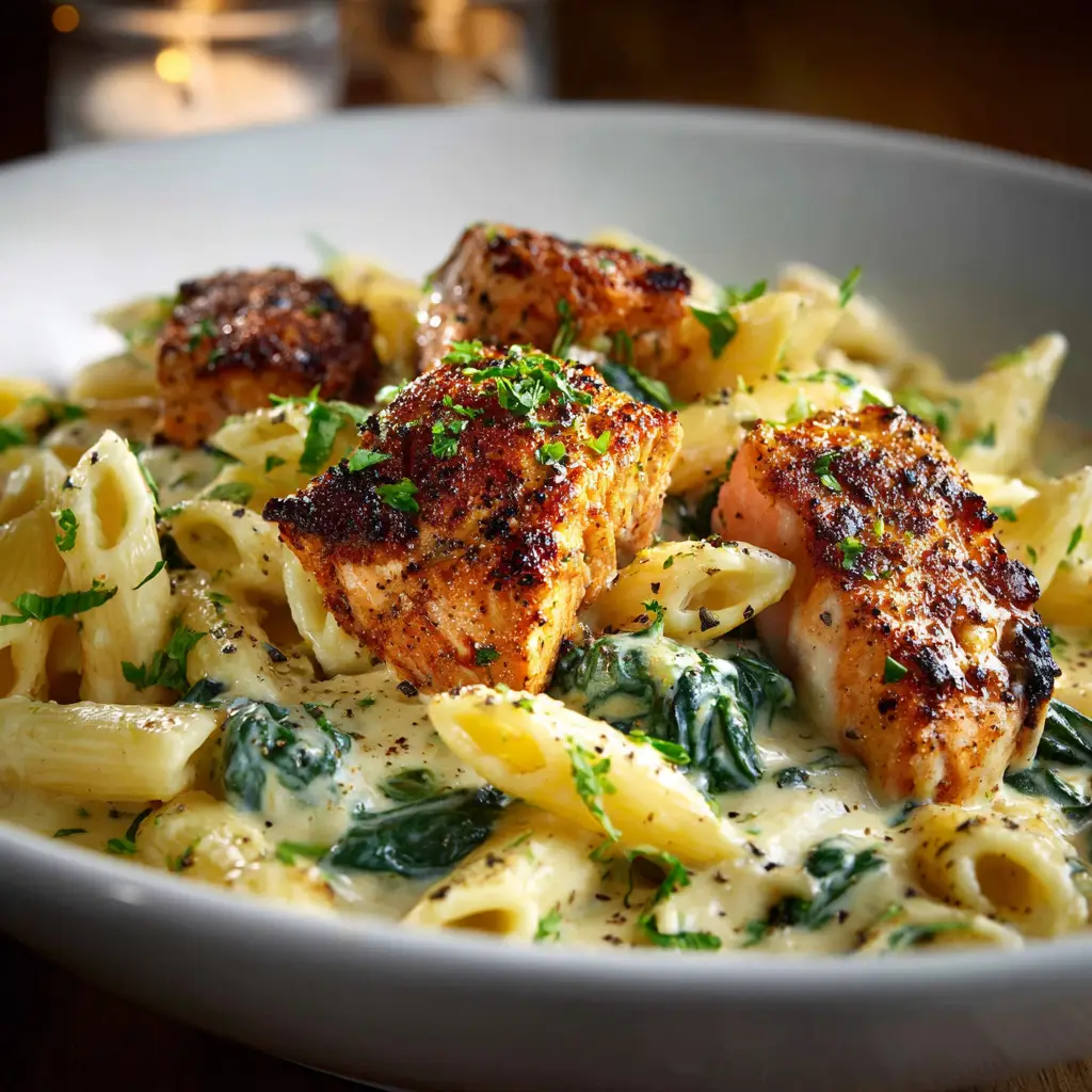 Creamy Salmon Spinach Pasta: A 30-Minute Dinner Dream 3 A close-up shot of a fork twirling fettuccine from a bowl of creamy salmon pasta with spinach. The rich, parmesan cream sauce coats every noodle.