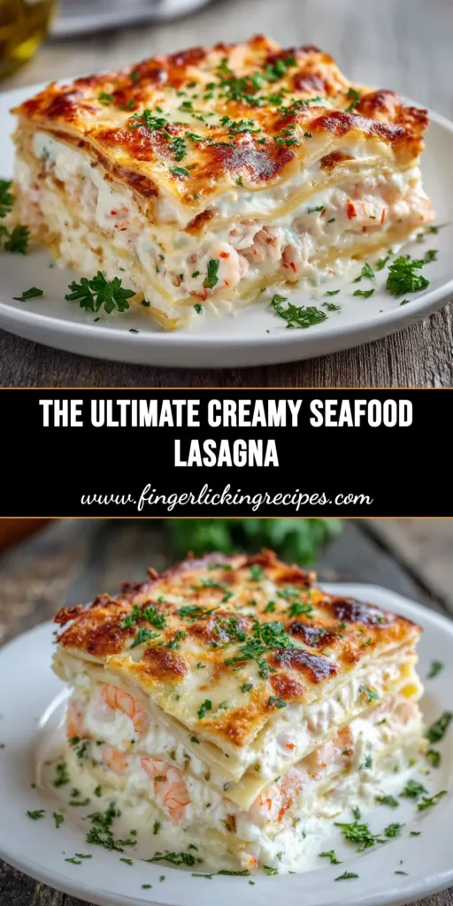 Seafood Lasagna: The Ultimate Creamy & Decadent Recipe 5 A beautiful slice of creamy seafood lasagna on a white plate, showing layers of pasta, white sauce, shrimp, and melted cheese.