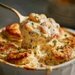 A close-up spoonful of the creamy seafood pot pie filling, showing tender shrimp, scallops, and peas in a rich, velvety sauce.