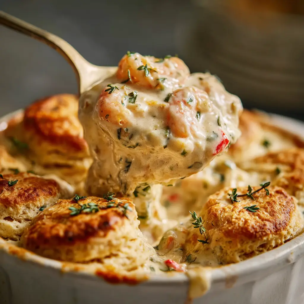 Cheddar Bay Biscuit Seafood Pot Pie (The Ultimate Comfort Food) 3 A close-up spoonful of the creamy seafood pot pie filling, showing tender shrimp, scallops, and peas in a rich, velvety sauce.