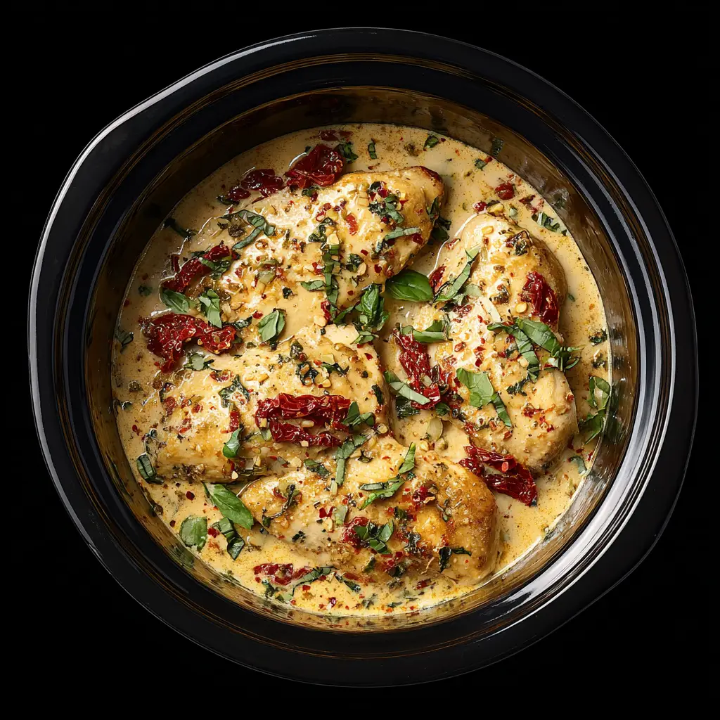 A close-up shot of the creamy sun-dried tomato sauce with wilted spinach and melted cheese simmering in the slow cooker with the chicken.