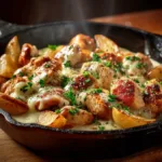A close-up shot of creamy slow cooker garlic parmesan chicken being served from a rustic skillet, showing its rich and velvety texture.