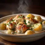 A close-up shot of creamy slow cooker garlic parmesan chicken in a white bowl, garnished with fresh parsley.