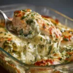 A close-up shot of the creamy spinach artichoke chicken bake, showing the texture of the tender chicken and rich sauce.