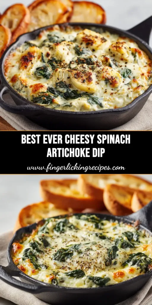 A close-up overhead shot of a hot and bubbly Spinach Artichoke Dip in a white baking dish, ready to be served as the perfect party appetizer.