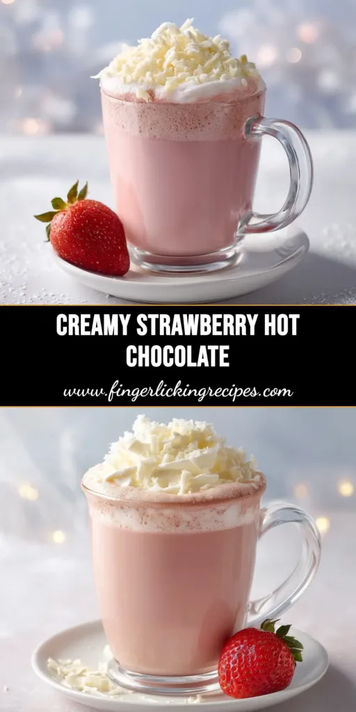 A beautiful overhead shot of a creamy pink strawberry hot chocolate in a white mug, topped with whipped cream and strawberry powder.
